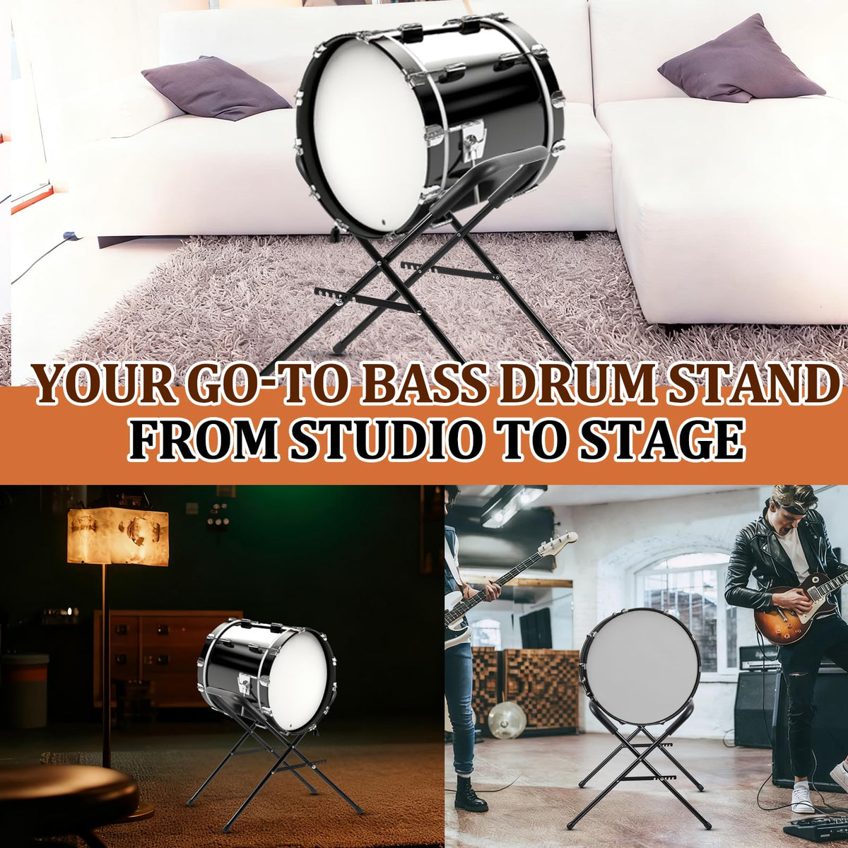 Heavy Duty Folding Bass Drum Stand Adjustable 21 Inches Steel N39582