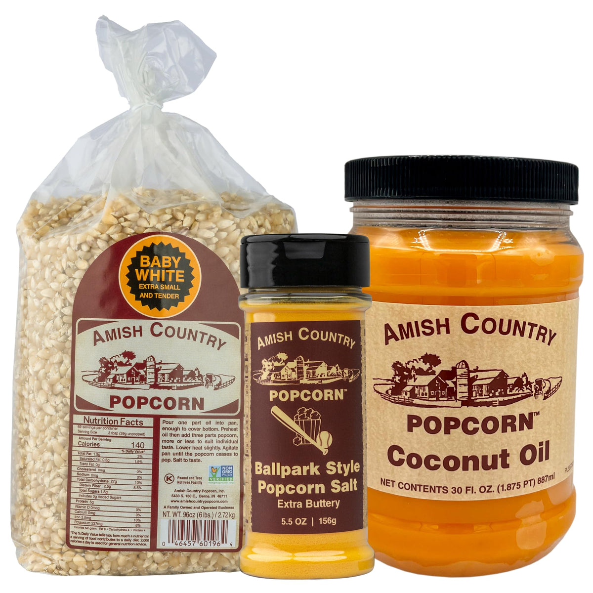 6 lb Baby White Popcorn, 30 oz Coconut Oil, 5.5 oz Butter Salt Bundle H316659