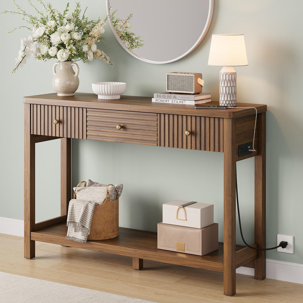 47'' Fluted Console Table with Charging Station & 3 Drawers W527