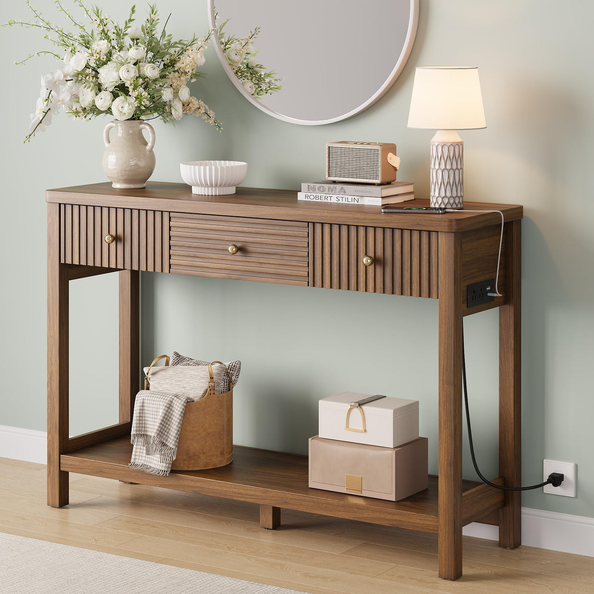 47'' Fluted Console Table with Charging Station & 3 Drawers W527