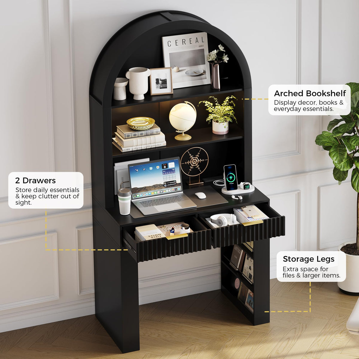 35.4" Arched Writing Desk with Hutch & Power Outlet U202