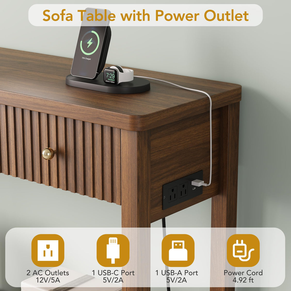 47'' Fluted Console Table with Charging Station & 3 Drawers W527