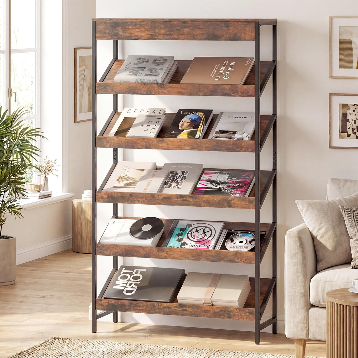 6-Tier Tall Freestanding Bookshelf with Angled Shelves X847
