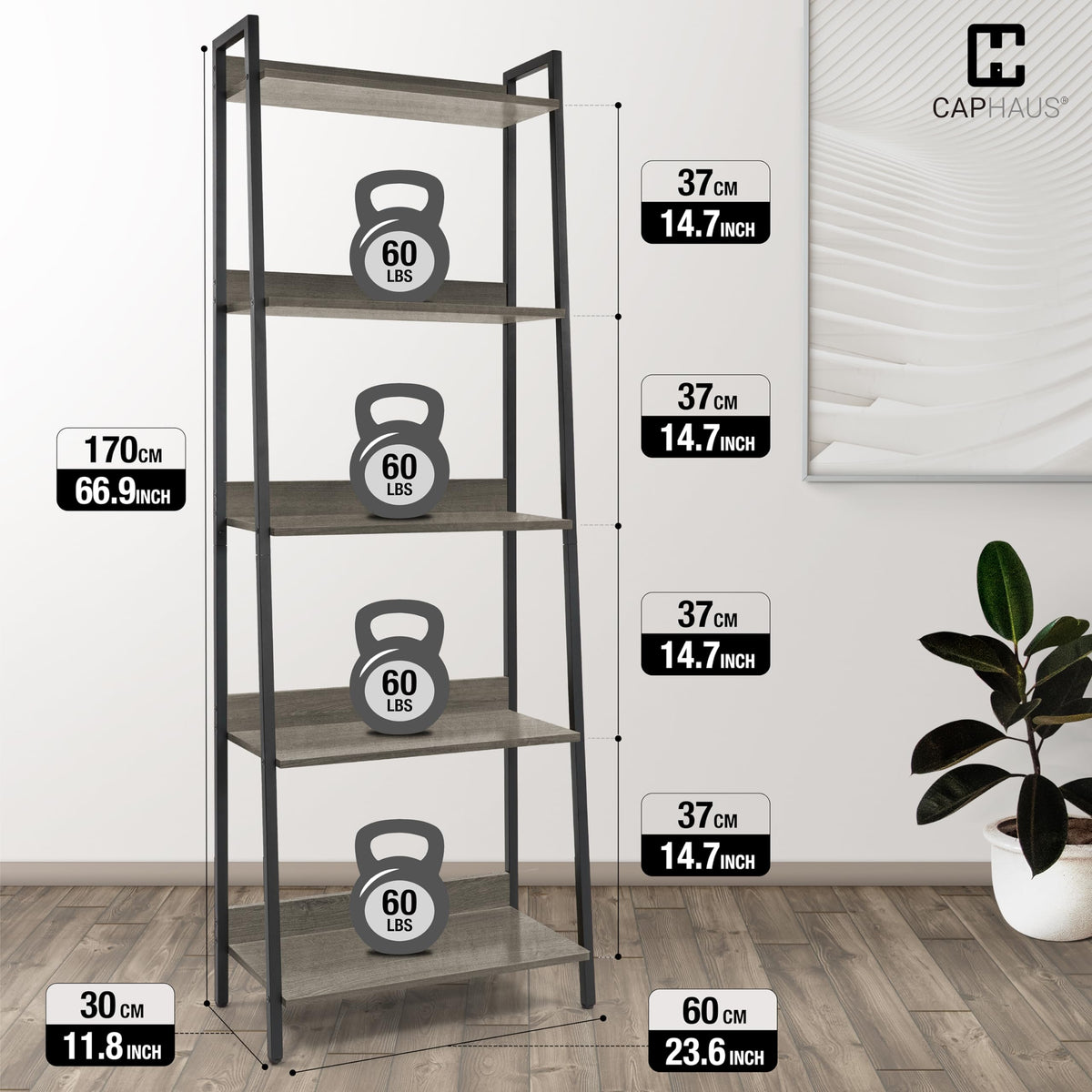 5 Tier Ladder Bookshelf, 24 Inch Free Standing Storage Rack, Dark Grey W636546