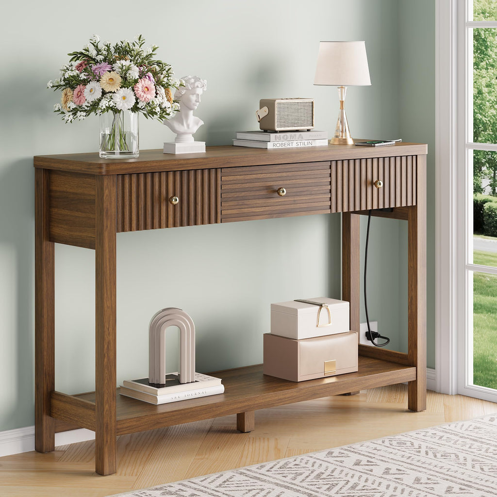 47'' Fluted Console Table with Charging Station & 3 Drawers W527