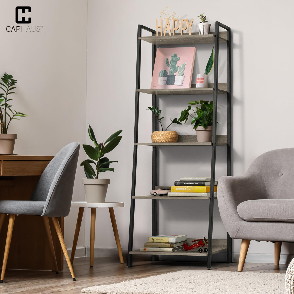 5 Tier Ladder Bookshelf, 24 Inch Free Standing Storage Rack, Dark Grey W636546