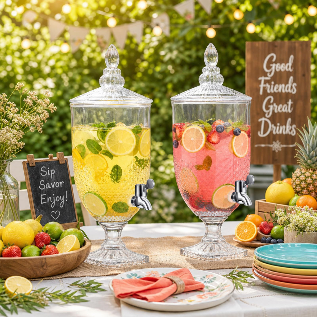 2 Pieces 1.3 Gallon Glass Drink Dispensers with Stand and Spigot T45389