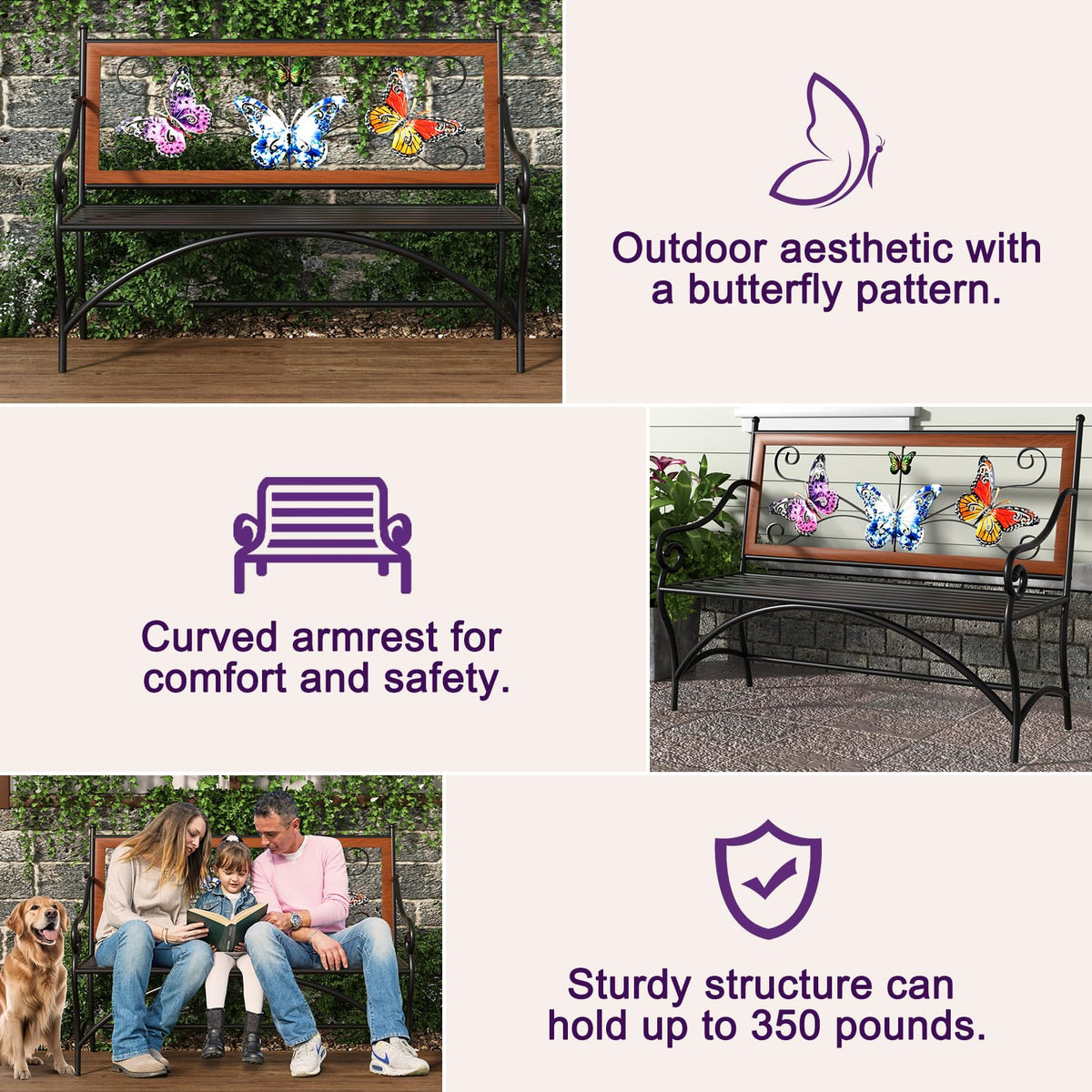39.7" Black Metal Outdoor Bench with Armrest R66210