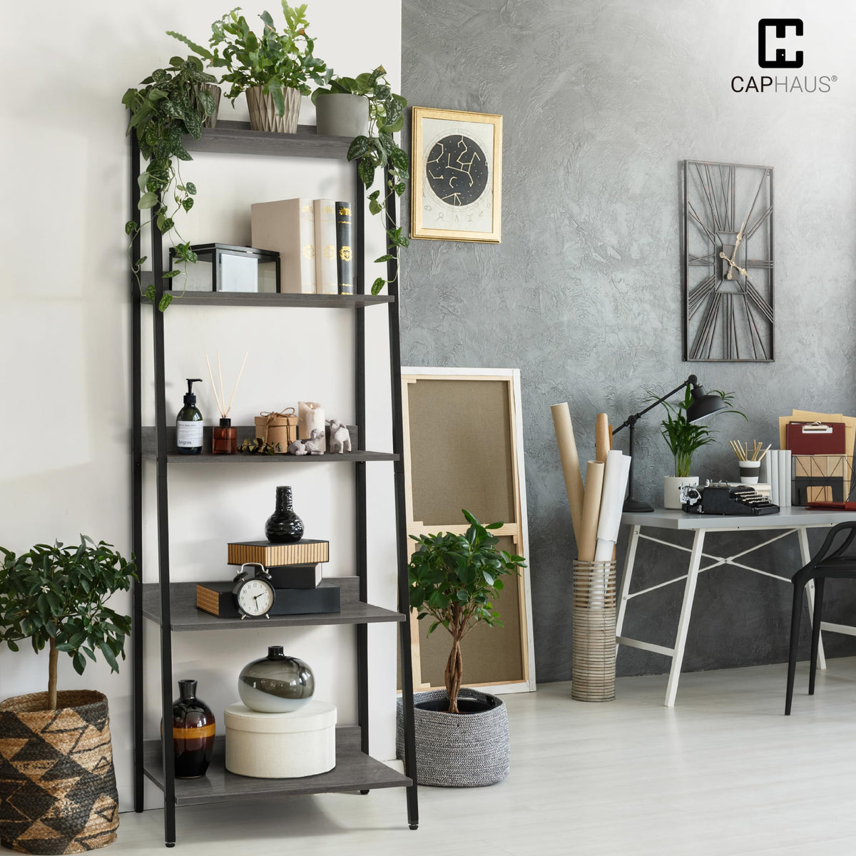5 Tier Ladder Bookshelf, 24 Inch Free Standing Storage Rack, Dark Grey W636546