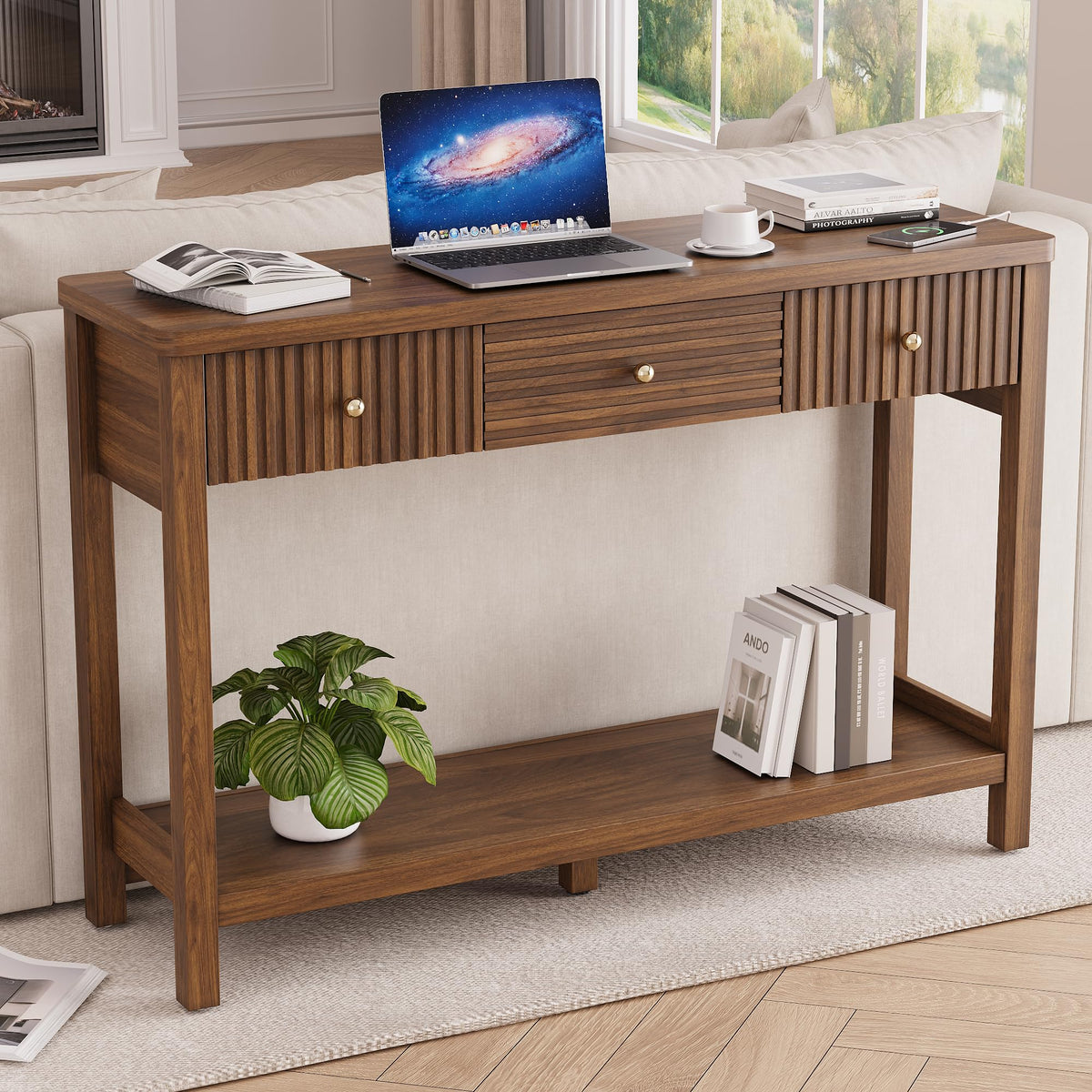 47'' Fluted Console Table with Charging Station & 3 Drawers W527