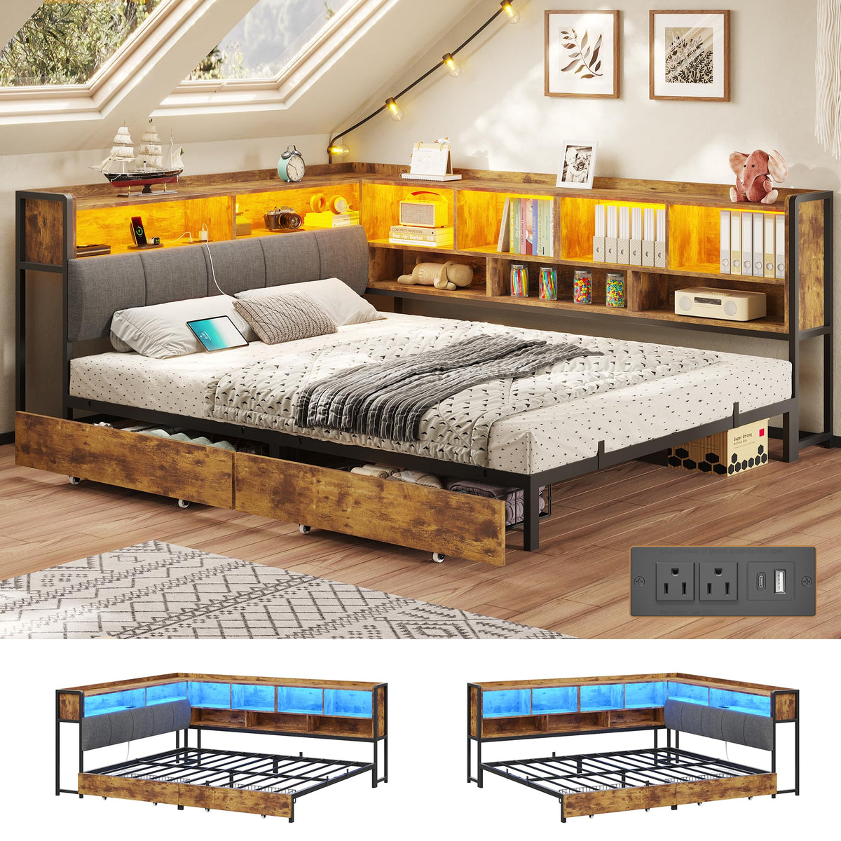 Full Size Corner Bed Frame with Storage and Drawers R846385