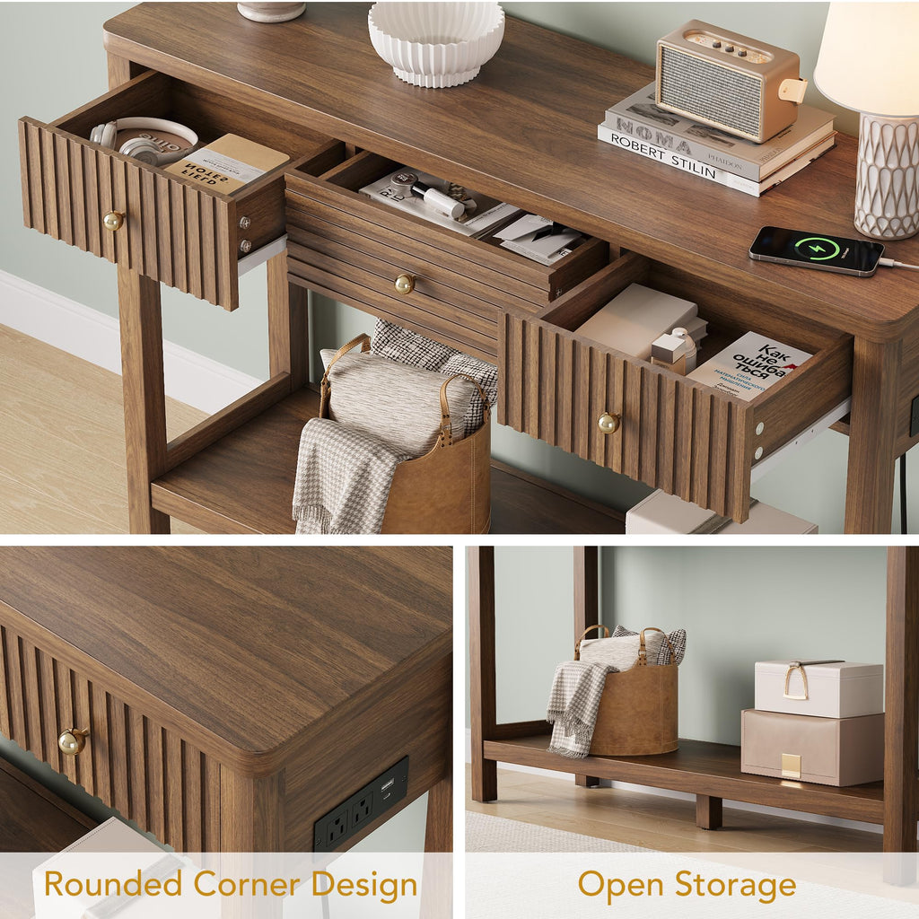 47'' Fluted Console Table with Charging Station & 3 Drawers W527