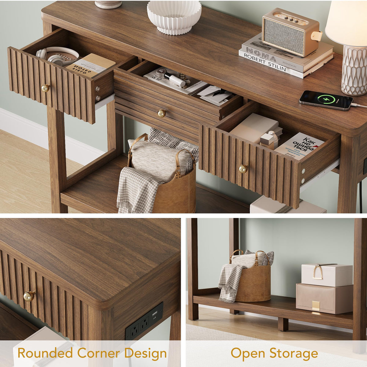 47'' Fluted Console Table with Charging Station & 3 Drawers W527